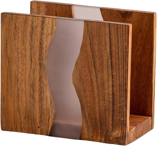 Acacia wood & Transparent Epoxy resin Napkin holder for table, Rustic farmhouse napkin organisation for kitchen, dining, counter tops, restaurant or outdoors | 6x5x2.5 inches|(Gray)