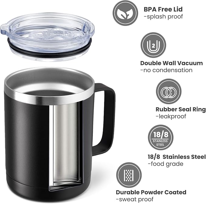 MEWAY 12oz Coffee Mug With Handle and Sliding Lid, Stainless Steel Travel - Image 2