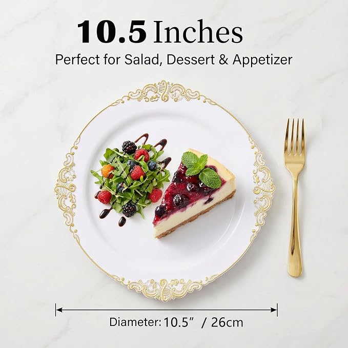 25 Pack 10.5 Inch golden Rim Plastic Plates, Heavy Duty Disposable White - Image 3
