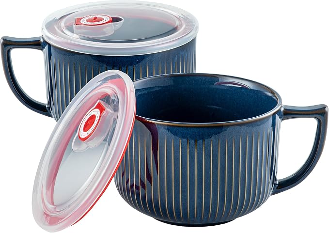 Ceramic Soup Bowl with Handle&Lid, Jumbo 38oz Microwave Ramen Bowl Set of 2 | by Hoilse
