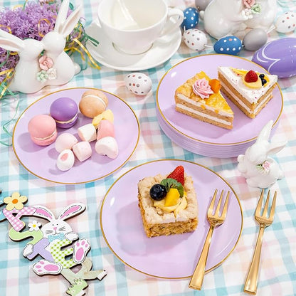 Festiva 200Pcs Purple Gold Dessert Plates 6.3" with Plastic Forks 5"- Disposable Lavender Purple Cake/Appetizer/Salad Plates - serve 100 guests for Party&Wedding&Easter
