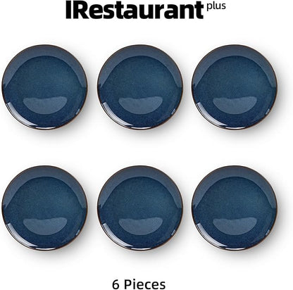 Organic Shape Highland Ceramic Dinner Plates, 6pcs 10.5 Inch Handmade Reactive Glaze Dinnerware Sets with Wavy Edge, for Kitchen, Microwave & Dishwasher Safe, Scratch Resistant-Blue