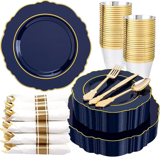 Liacere 350PCS Navy Blue Plastic Plates-Disposable Blue Gold Plates 50guest Plastic Dinnerware include 100Plates,50Pack Pre Rolled Napkins with Silverware 50Cups for Martin Luther King Jr