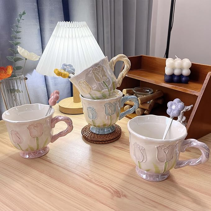 Ceramic Coffee MugEspresso Cup 14oz Pink Cute Flower withSpoon | novelty coffee - Image 7