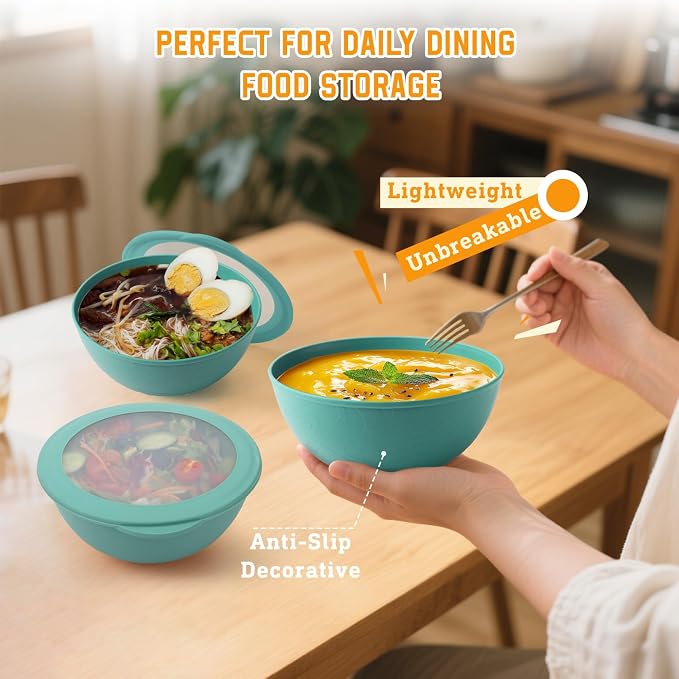Bowls with Lids, Wheat Straw Bowl Set of 4-40 OZ Cereal Bowls and Silicone Edge - Image 6