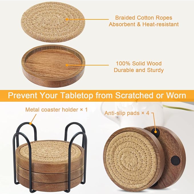 Wood Coasters for Drinks, Eykao Absorbent Coaster Sets of 5, Woven Drink - Image 5