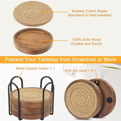 Wood Coasters for Drinks, Eykao Absorbent Coaster Sets of 5, Woven Drink - Image 5