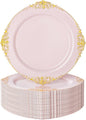 Nervure 100PCS Pink and Gold Plastic Plates - 10.25Inch Pink Disposable Plates - Plastic Dinner Plate for Weddings & Parties