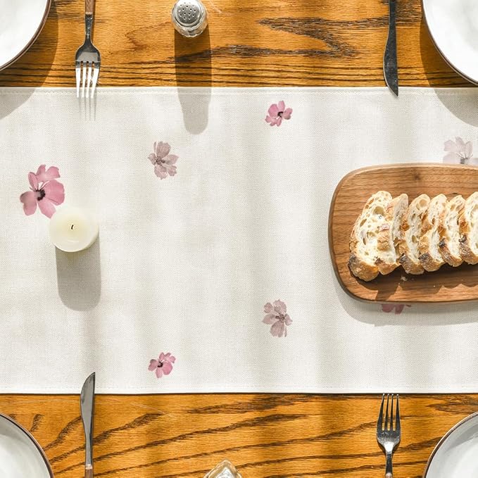 Artoid Mode Pink Poppy Floral Leaves Spring Table Runner, Seasonal Summer Fall Kitchen Dining Table Decoration for Home Party Decor 13x72 Inch