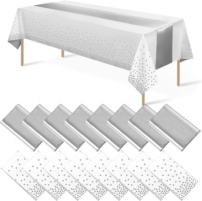 MASHAN 16Pack Disposable Plastic Tablecloths and Satin Table Runner Set White by MASHAN