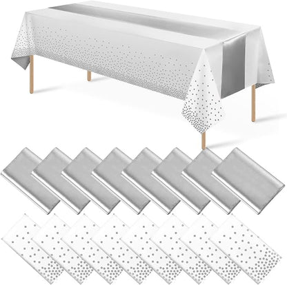 MASHAN 16Pack Disposable Plastic Tablecloths and Satin Table Runner Set White by MASHAN