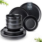 AmorArc Ceramic Dinnerware Sets, Wavy Rim Stoneware Plates and Bowls Sets,Dishwasher & Microwave & Oven Safe Dishes set, Service for 4 (12pc)-Matte Black