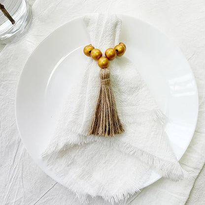 Napkin Rings Set of 12,Wooden Napkin Rings,Wood Bead Elastic Farmhouse Napkin Ring with Tassel,Boho Napkin Holder for Table Decor,Weeding,Dinner,Party(Gold)