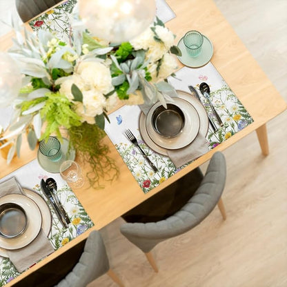 Spring Wildflowers Placemats Set of 4, Washable Elegant Placemats, Non-Slip Table Rectangle Linen Place Mats for Kitchen Dining Party Home Indoor Table Decor, Forest Style Home Decoration