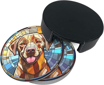 Drink Coaster Set of 6, Labrador Retriever Dog Mom Lover Gift,Leather Drink Coasters with Holder,6 Pack Cup/Bar/Drink Coasters for Table/Drinks/Coffee Protection Housewarming Gift