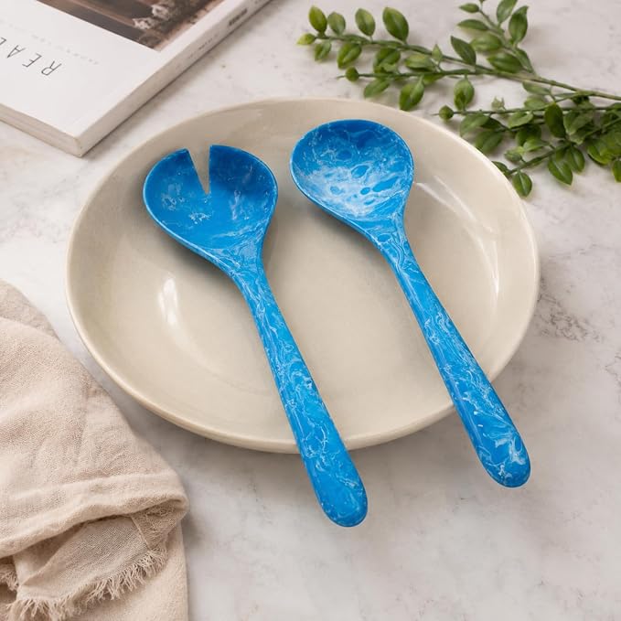 SS CRAFTS INDIA Premium 12" Ocean Blue Swirl Resin Salad Servers | Set of 2 - Image 2