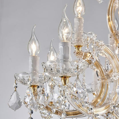 Modern Gold Chandelier Light Fixture - Large Maria Theresa Crystal Chandeliers for Dining Room, Kitchen Island, Living Room, Bedroom, 15 Lights, 2 Layers