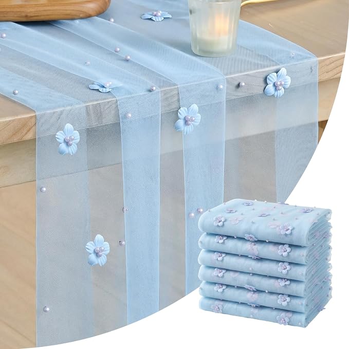 Artoid Mode Blue Flower Pearl Blue Gauze Table Runner 10FT 6PC, Seasonal Sheer by ArtoidMode