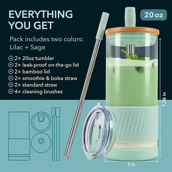 Pandaloo® Glass Cups With Lids and Straws -20 Fl Oz- Perfect Size Iced Coffee - Image 2