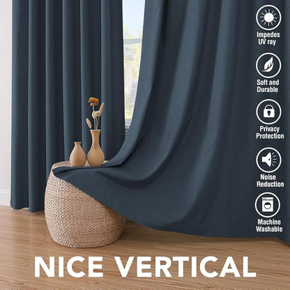 H.VERSAILTEX Linen Blackout Curtains 84 Inches Long 100% Absolutely Blackout Thermal Insulated Textured Linen Look Curtain Draperies Anti-Rust Grommet, Energy Saving with White Liner, 2 Panels, Navy