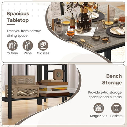 NAFORT Kitchen Table Set for 4, Industrial Dining Table with 2 Chairs & Storage Bench, Rustic Wood & Metal 4-Piece Dining Set for Small Space, Apartment, Kitchen & Dining Room