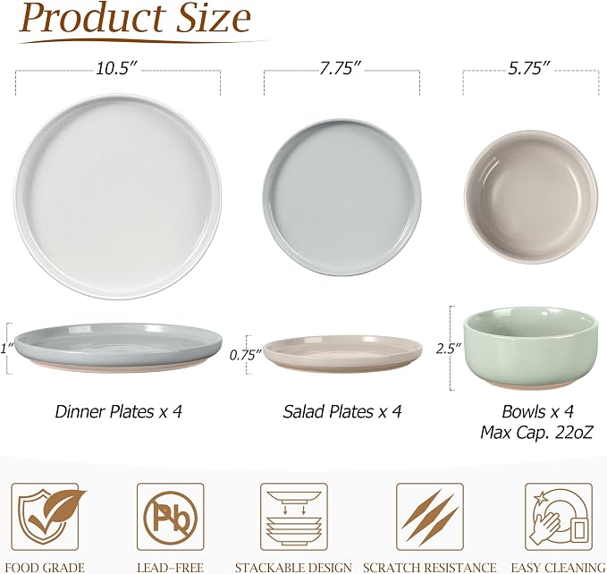 LIANYU 12 Piece Ceramic Dinnerware Set, Stoneware Dinner Dish Set - Image 3