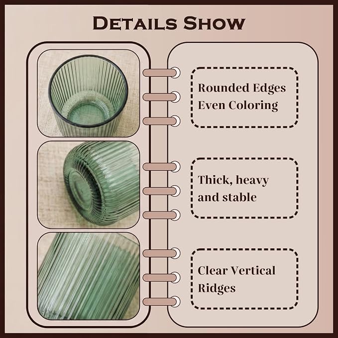 Green Ribbed Highball Glasses Set of 6, 8.5oz Sage Green Vintage Glassware - Image 5