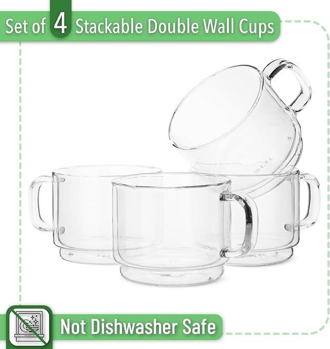 BTaT- Double Walled Stackable Glass Coffee Mugs, 16 oz, Glass Coffee Cups - Image 2