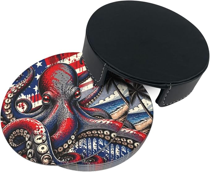 Coastal Patriotic Flag Octopus Leather Coasters Set of 6 - Image 3