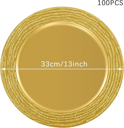 100 PCS Antique Charger Plates Bulk, 13 Inch Round Textured Edge Plastic Dinner Chargers, Bulk Plastic Charger Plates Set for Wedding, Party, Table Decor (Gold)