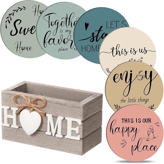 Queekay Coasters Set of 6 House Warming Gifts New Home Wooden Farmhouse Drink by Queekay