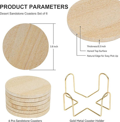 Absorbent Coasters Set of 6, Desert-Like Patterns Natural Sandstone Coaster with Holder for Coffee Table Decor, Rustic Stone Drink Coasters with Velvet Backing, Made from Australian Sandstone