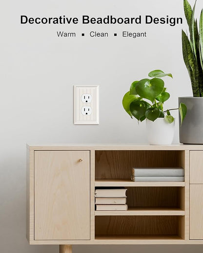 2-Pack Classic Beadboard Duplex Outlet Cover Plate, Decorative Light Almond Switch Plates and Outlet Covers, Natural Bamboo Fiber Wall Plates for Electrical Outlets, 1 Gang Receptacle Cover