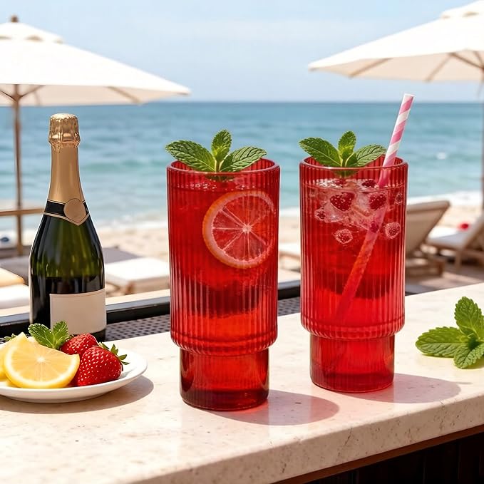 XKXKKE 12 oz Ribbed Drinking Glasses Set of 12, Highball Glass Cups Ridged - Image 3
