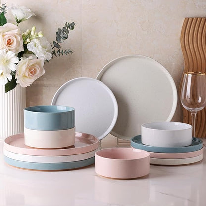 AmorArc Ceramic Dinnerware Set for 4 | Handpainted Stoneware Plates and Bowls with Rustic unglazed terracotta | Scratch Resistant, Dishwasher & Microwave Safe Dishes Sets- 12-Pcs Colorful