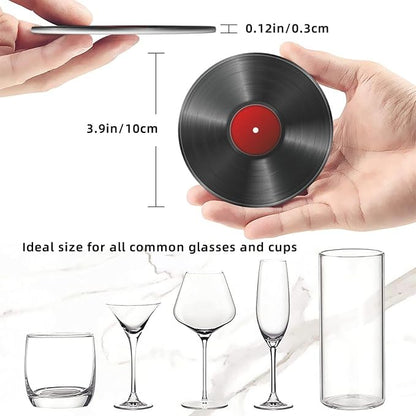 Drink Coasters with Holder Stand Set of 6, Phonograph Record Vinyl Pu Leather - Image 3
