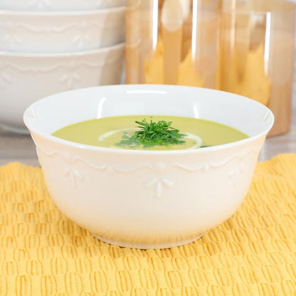 Elama Henryi 6 Piece Embossed Rim Detail Porcelain White 6.1 Inch Bowl Set - Image 5