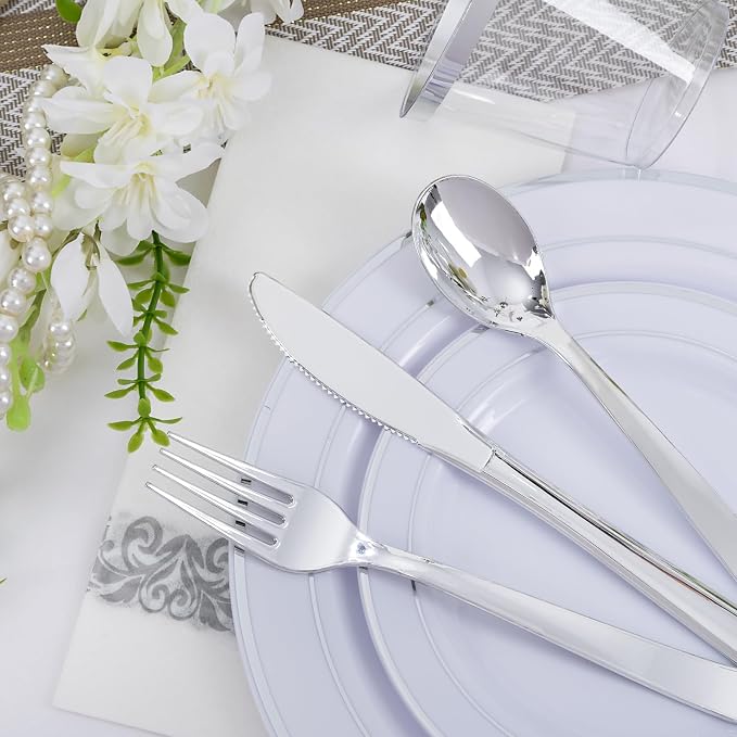 WELLIFE 700 Pieces Silver Plastic Dinnerware Set - Image 3