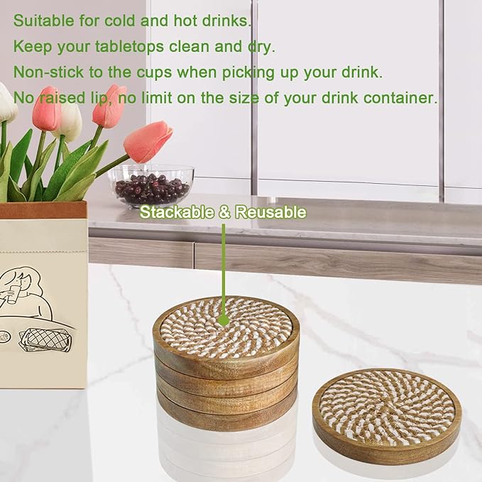 5 Pack Coasters for Drinks Absorbent, 4.3 inches Woven Coasters for Coffee Tables, Wooden Drink Coasters for Table Protection, Reusable Drink Coasters for Kitchen, Farmhouse, Bar, Office, Brown