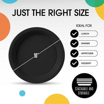 Black Plastic Plates For Party 10" Black Disposable Plates Heavy Duty 100 Pcs Plastic Dinnerware Sets Heavy Duty 350 GSM Disposable Dinnerware Set