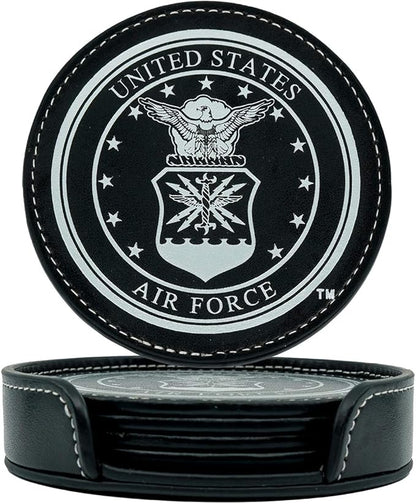 Air Force Leather Coaster Set - 4 Premium Coasters with Hot Stamped Foil USAF Logo - Air Force Gifts | USAF Leather Coasters