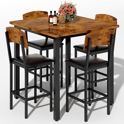 AWQM 5-Piece Dining Table Set, Dining Table Set for 4, Counter Height Table & 4 Bar Stools, Modern Kitchen Dining Set, with Upholstered Chairs, Compact Dining Set for Small Spaces (Walnut Color)