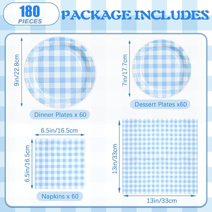180Pcs Blue Gingham Party Supplies Paper Plates and Napkins Serve 60 - Image 2