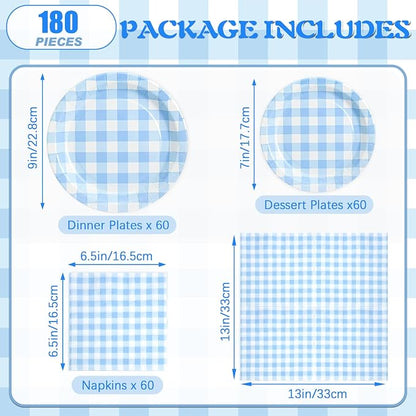 180Pcs Blue Gingham Party Supplies Paper Plates and Napkins Serve 60 - Image 2