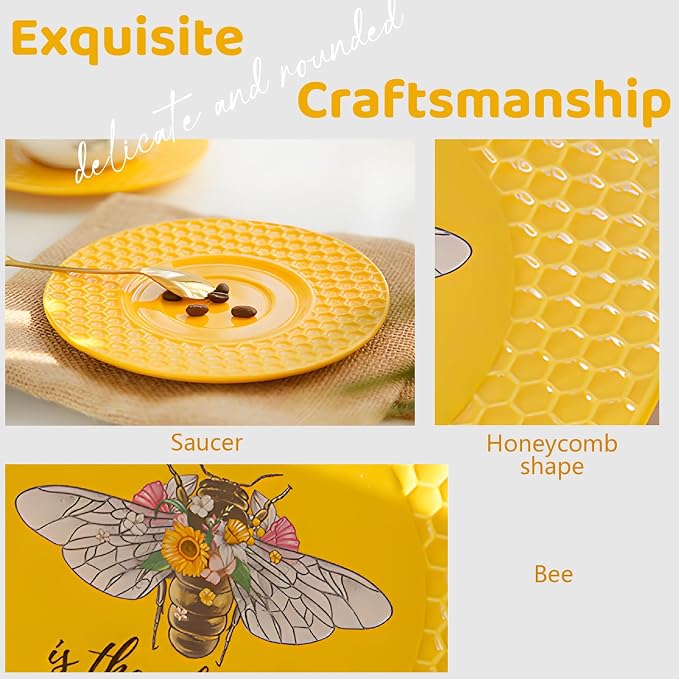 2 PCS Tea & Coffee Saucers, Honey Bee Pattern Ceramic Tea Plates Round Cup - Image 4