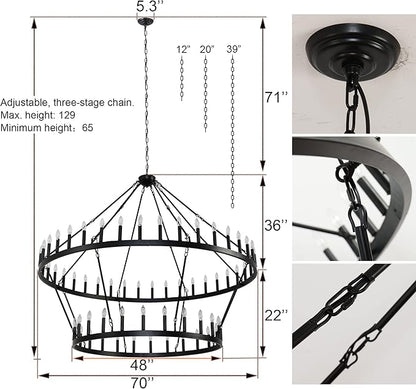 70 Inch Extra Large Wagon Wheel Chandelier 2 Tier 64-Lights Black Farmhouse Pendant Light Fixture, Round Rustic Hanging Lighting for Outdoor Porch high Ceilings Living Dining Room Foyer Entryway