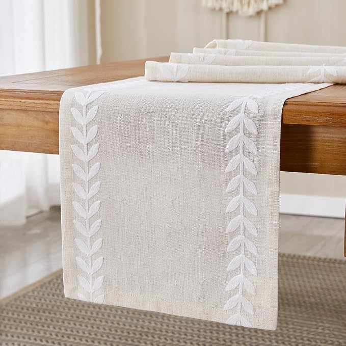 Linen Embroidered Table Runner, Farmhouse Irregular Willow Leaf Table Runner - Image 5
