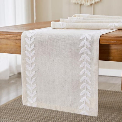 Linen Embroidered Table Runner, Farmhouse Irregular Willow Leaf Table Runner - Image 5