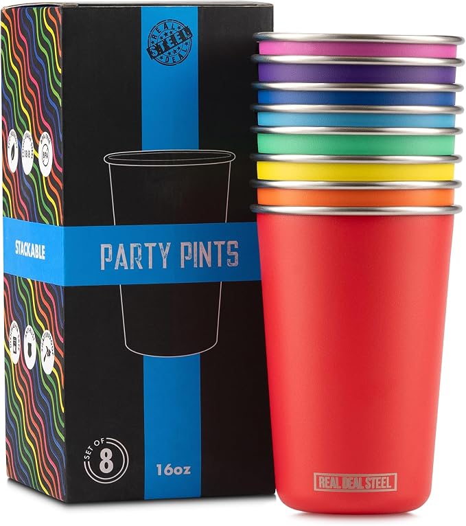 Real Deal Steel Rainbow Cups 16 oz Pint Cups, Stackable Tumblerrs, Eco Friendly by RDS