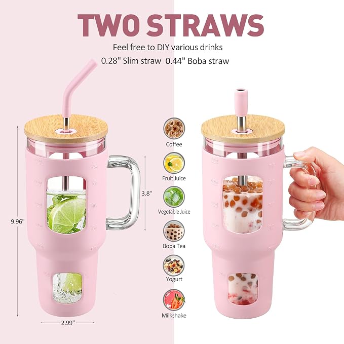 WINSA Glass Tumbler with Straw and Lid, 40 oz, Glass Water Bottles with Time - Image 4